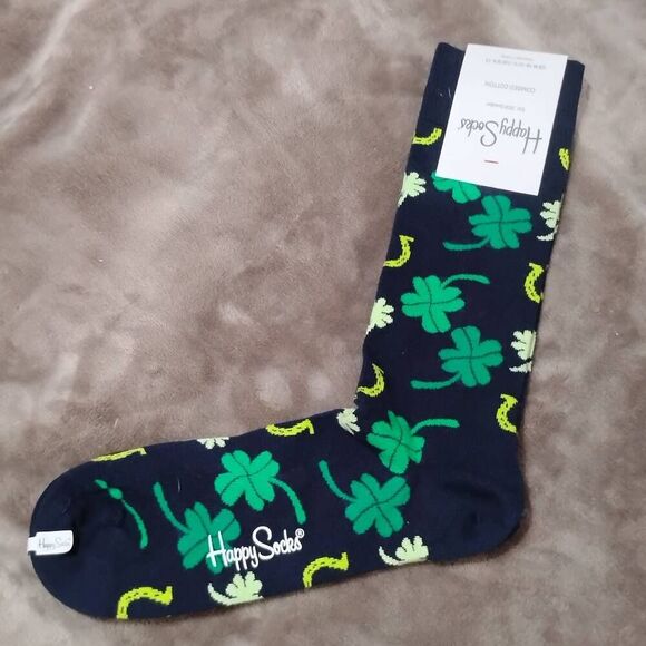 NWT HAPPY SOCKS ST. PATRICKS DAY NAVY W 4LEAF CLOVER HORSESHOE MADE IN TURKEY US - Picture 1 of 5